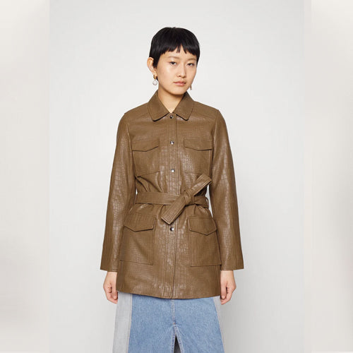 EMBOSSED BELTED -Brown Leather Short Coat