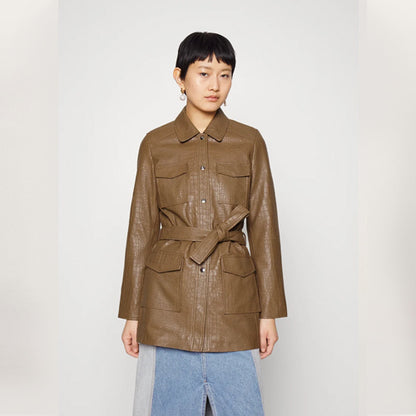 EMBOSSED BELTED -Brown Leather Short Coat