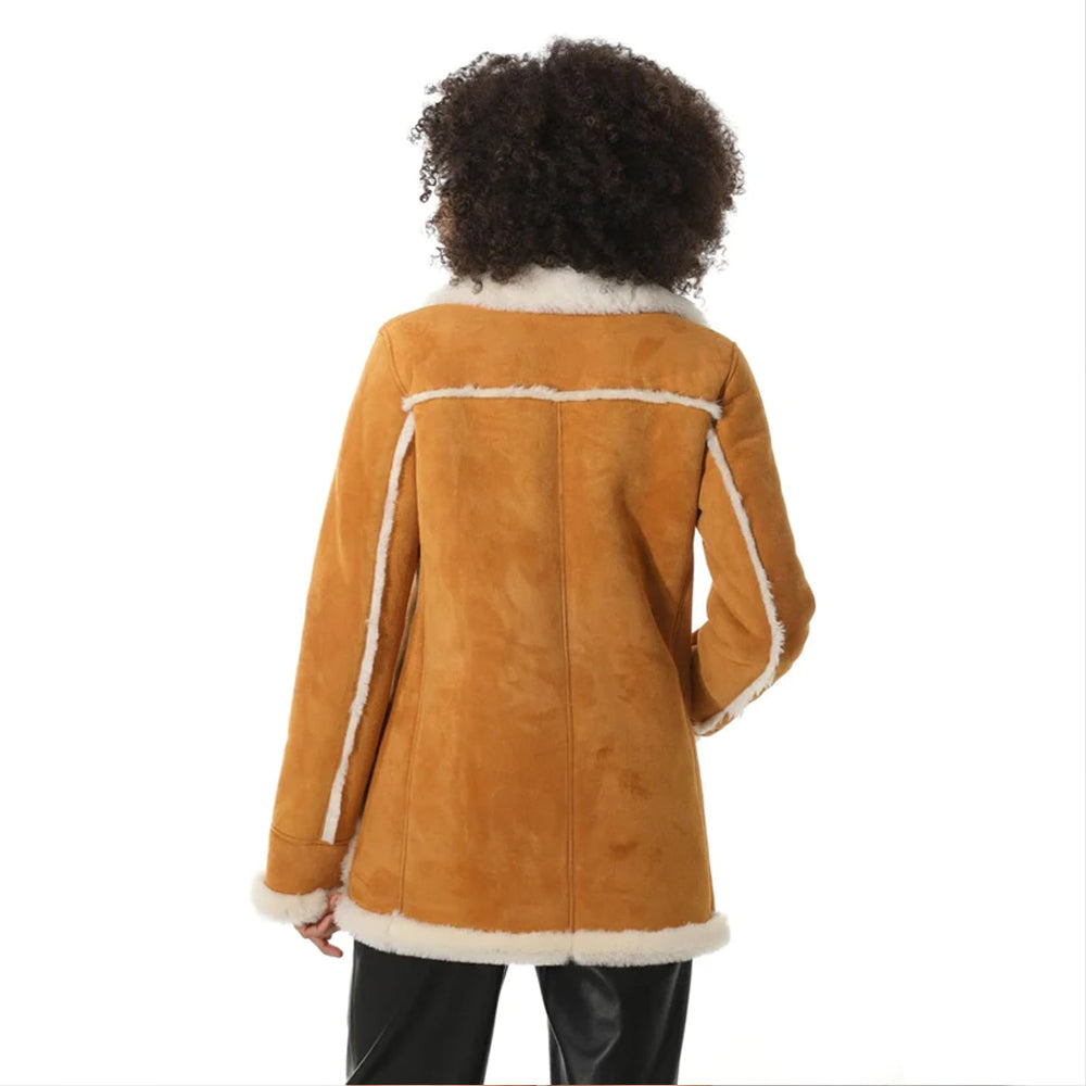 Women's Tan Suede Shearling Coat with White Fur