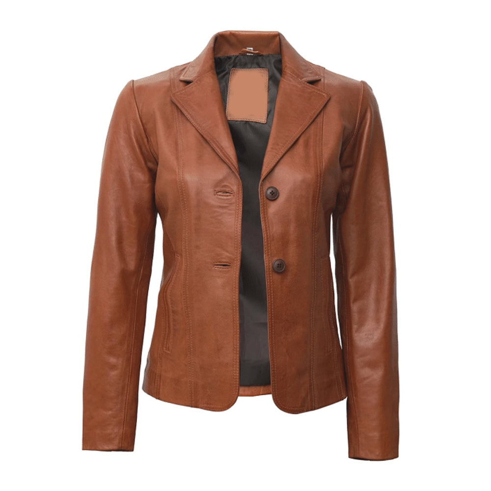 Womens Two Button Tan Leather Blazer Jacket