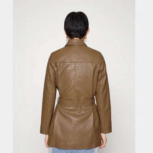 EMBOSSED BELTED -Brown Leather Short Coat