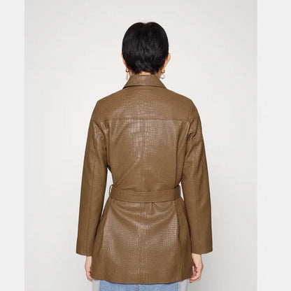 EMBOSSED BELTED -Brown Leather Short Coat
