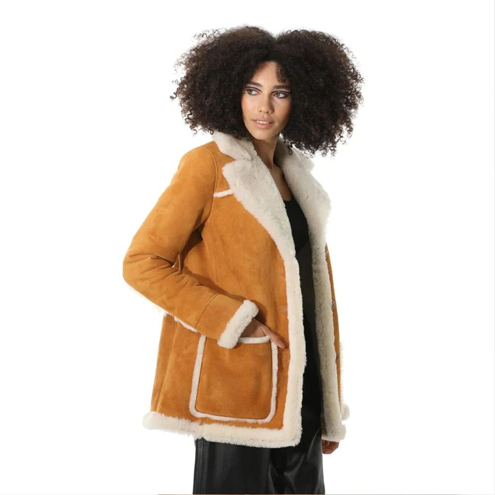 Women's Tan Suede Shearling Coat with White Fur