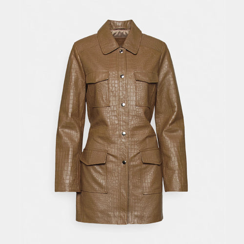 EMBOSSED BELTED -Brown Leather Short Coat