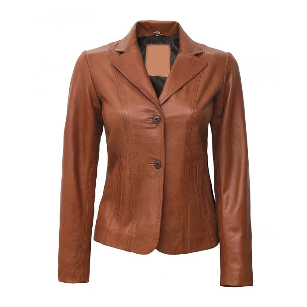 Womens Two Button Tan Leather Blazer Jacket