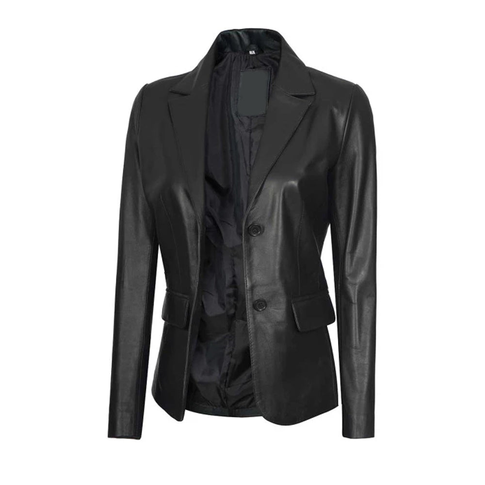 Womens Two-Button Real Lambskin Black Leather Blazer