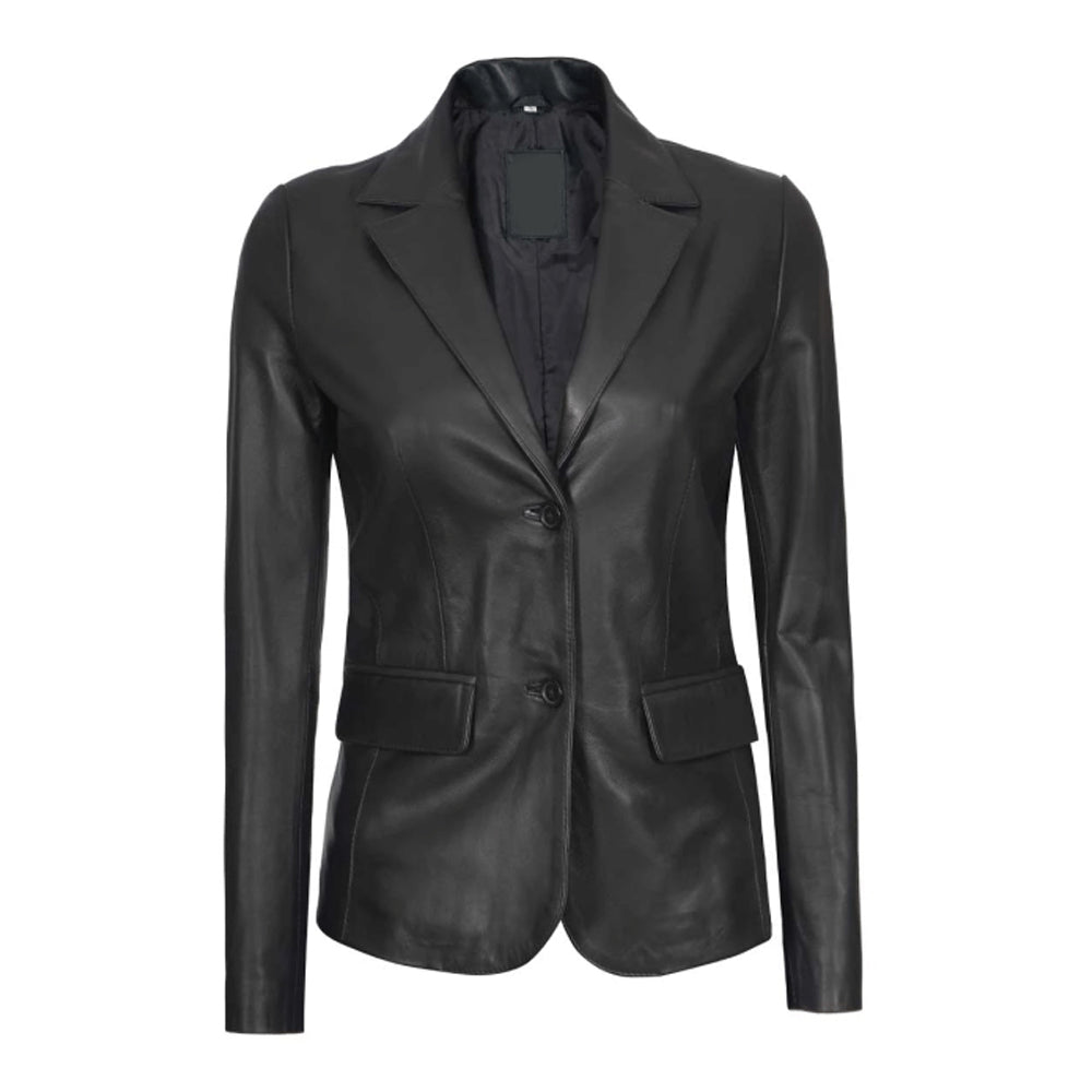 Womens Two-Button Real Lambskin Black Leather Blazer