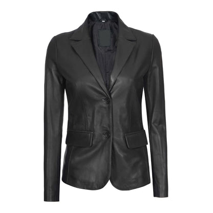 Womens Two-Button Real Lambskin Black Leather Blazer