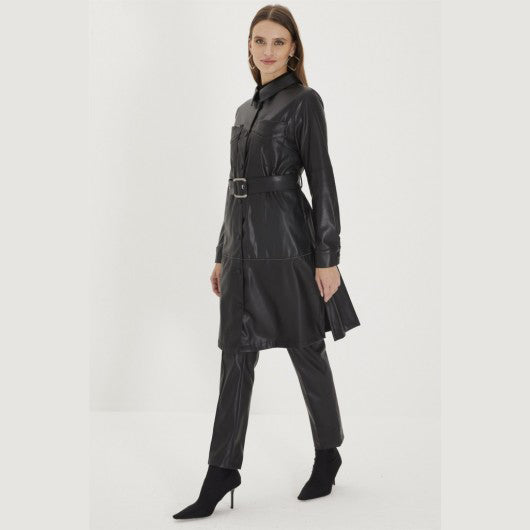 Women's Long Black Leather Coat