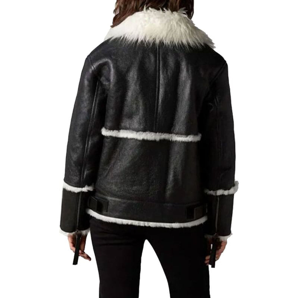 Women's Black Leather Ivory Shearling Fur Jacket