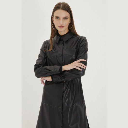 Women's Long Black Leather Coat