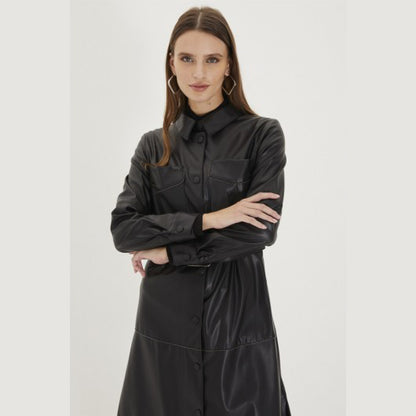 Women's Long Black Leather Coat
