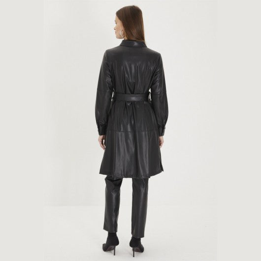 Women's Long Black Leather Coat