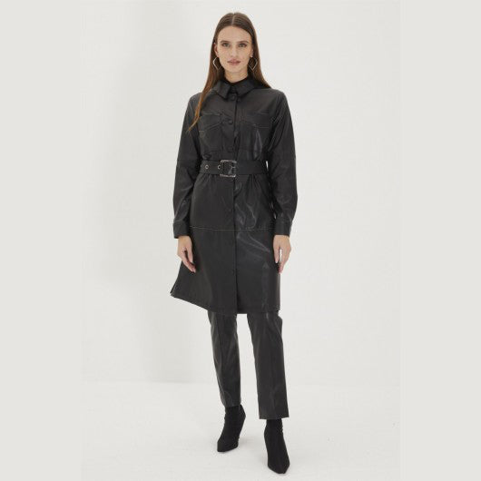 Women's Long Black Leather Coat