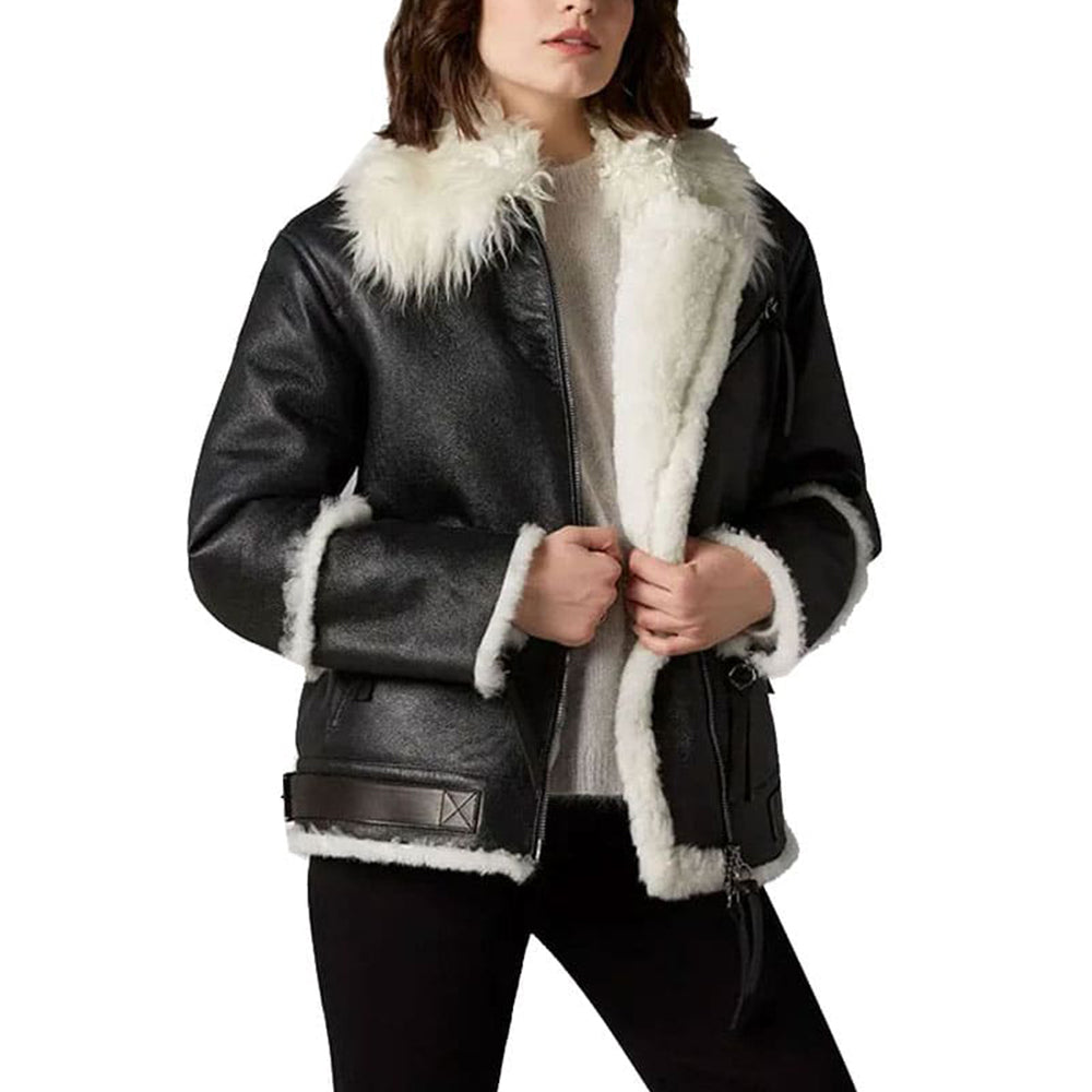 Women's Black Leather Ivory Shearling Fur Jacket