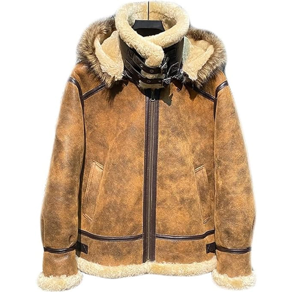 Women's Brown Detachable Hood Real Fur Leather Jacket