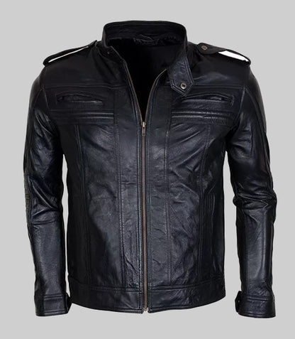 AJ Styles Men’s Black Leather Biker Jacket with Detachable Hood