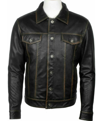 Aaron Men’s Black Distressed Vintage Leather Trucker Jacket