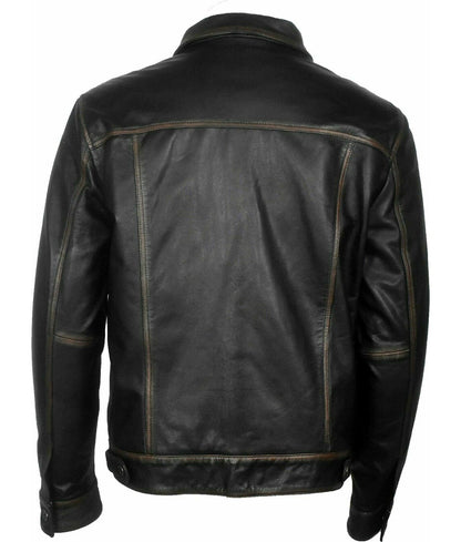 Aaron Men’s Black Distressed Vintage Leather Trucker Jacket