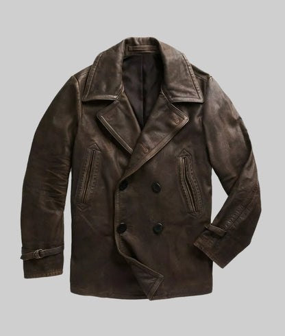 Alex Men’s Brown Double-Breasted Leather Peacoat