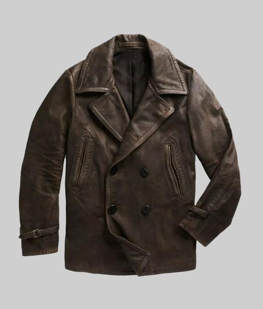 Alex Men’s Brown Double-Breasted Leather Peacoat