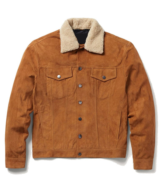 Alonzo Men’s Cognac Sherpa-Lined Western Suede Trucker Jacket