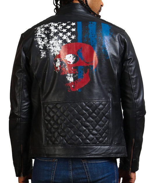 Men’s American Flag Skull Leather Biker Jacket