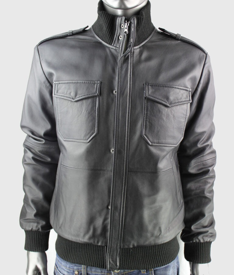 Raymond Men’s Classic Black Leather Bomber Jacket