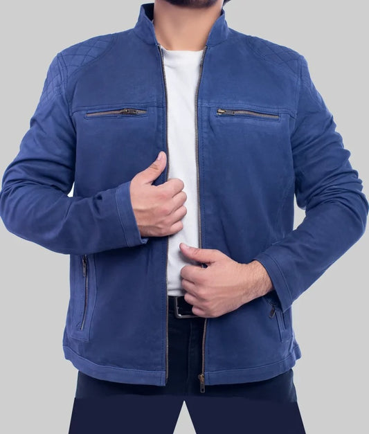 Archie Men’s Blue Suede Leather Biker Jacket