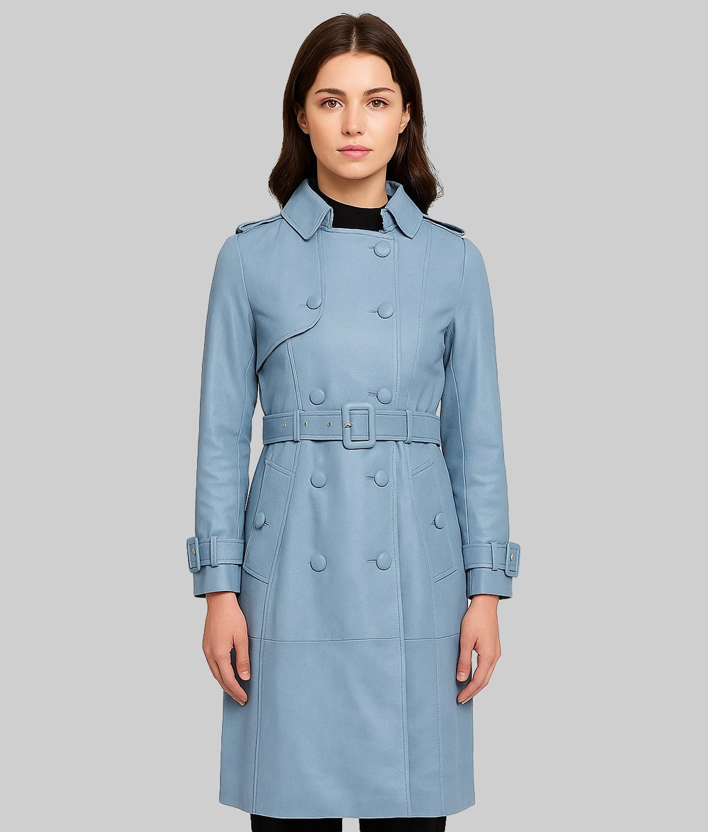 Aria Women’s Long Blue Genuine Leather Trench Coat