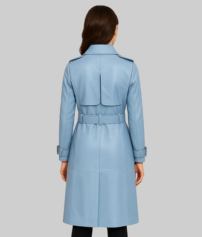 Aria Women’s Long Blue Genuine Leather Trench Coat