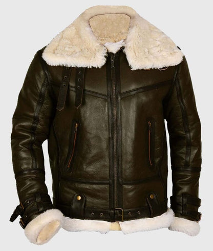 Army-Style B-3 Shearling Brown Leather Aviator Jacket for Men