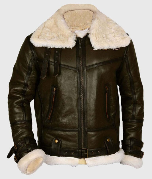Army-Style B-3 Shearling Brown Leather Aviator Jacket for Men