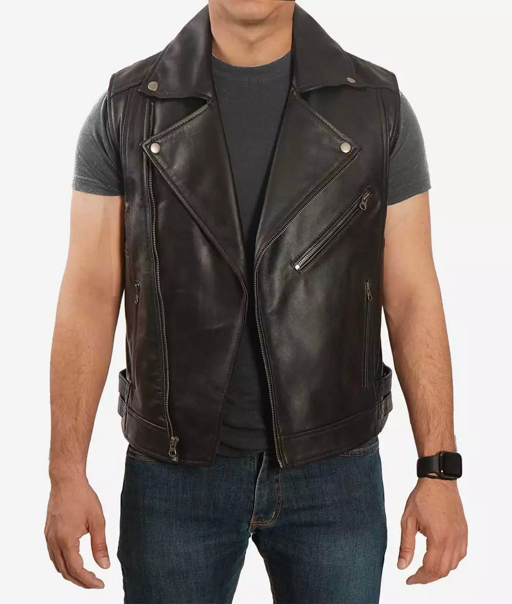 Nolan Men's Asymmetrical Black Leather Motorcycle Vest - Limited Availability