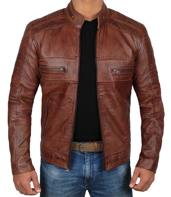 Men's Premium Café Racer Cognac Leather Jacket - Distinctive Elegance