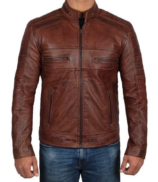 Men's Premium Café Racer Cognac Leather Jacket - Distinctive Elegance