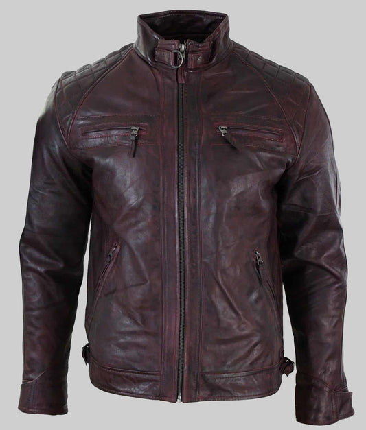 Axel Men’s Burgundy Quilted Cafe Racer Leather Jacket