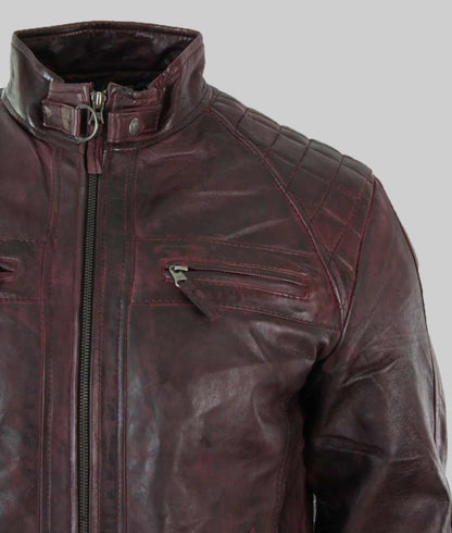 Axel Men’s Burgundy Quilted Cafe Racer Leather Jacket