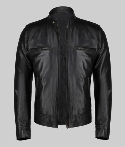 Basic Black Moto Cafe Racer Biker Leather Jacket for Men