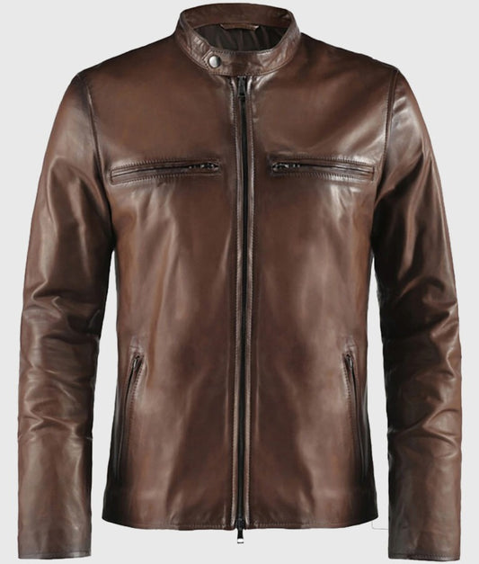 Basic Brown Moto Cafe Racer Biker Leather Jacket for Men