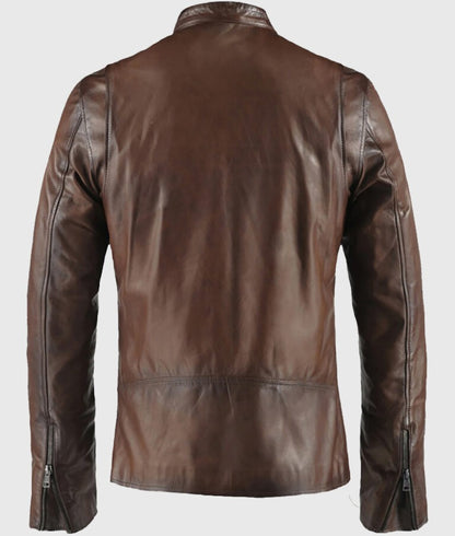 Basic Brown Moto Cafe Racer Biker Leather Jacket for Men