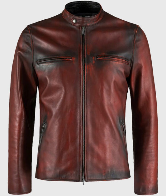 Men’s Basic Maroon Café Racer Biker Leather Jacket
