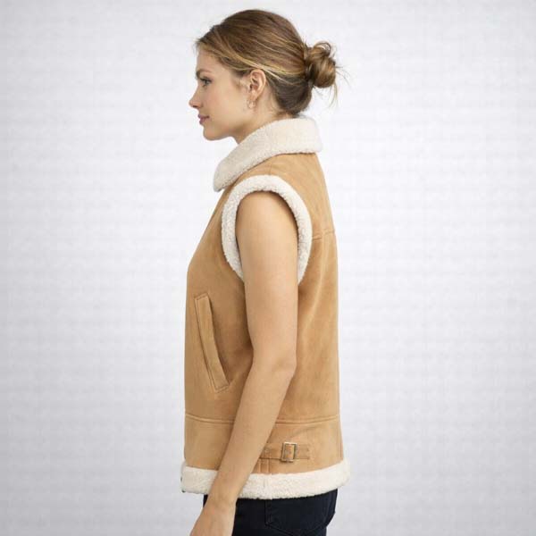 Women's Beige Faux Shearling Vest with Teddy Fleece Comfort