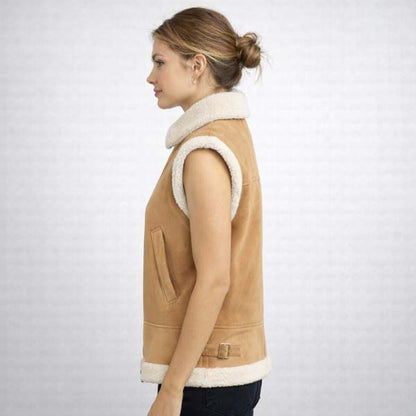 Women's Beige Faux Shearling Vest with Teddy Fleece Comfort