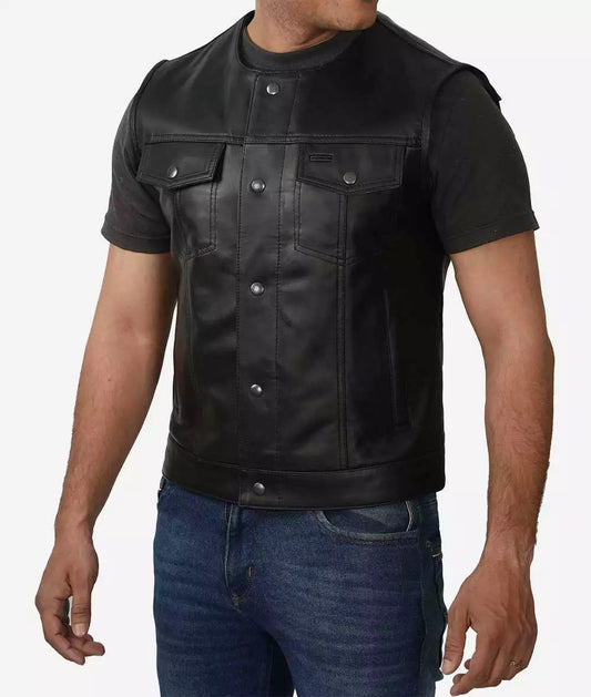 Bernard Men's Premium Leather Black Motorcycle Vest - Rugged Style