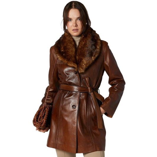 Binky Felstead brown women's long leather trench coat with fur collar