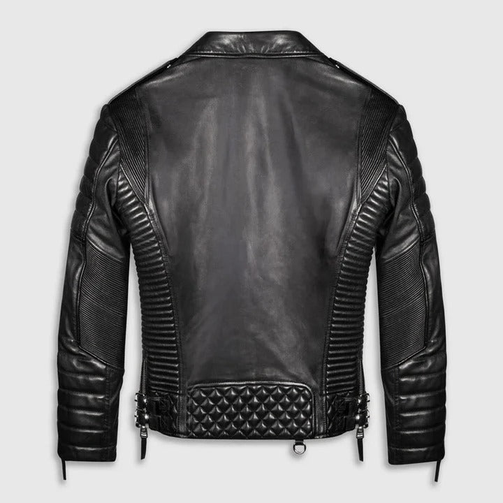 Black Biker Leather Jacket For Men Quilted Style