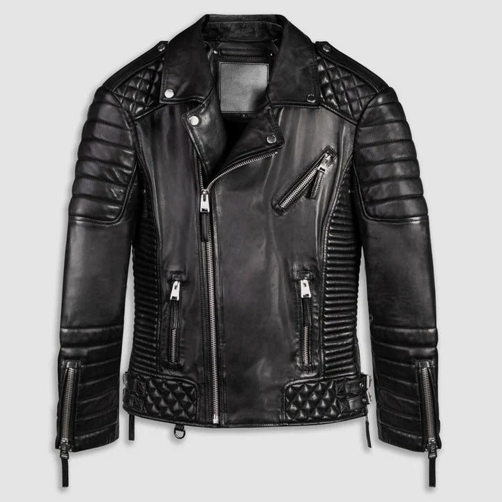 Black Biker Leather Jacket For Men Quilted Style