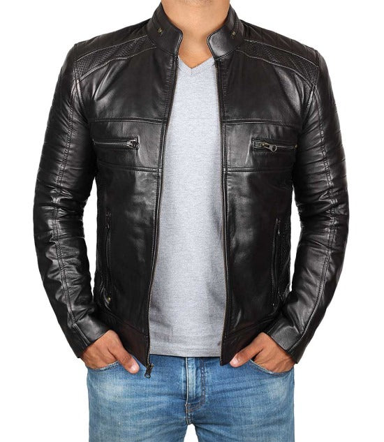 Black Café Racer Real Leather Motorcycle Jacket - Classic Style