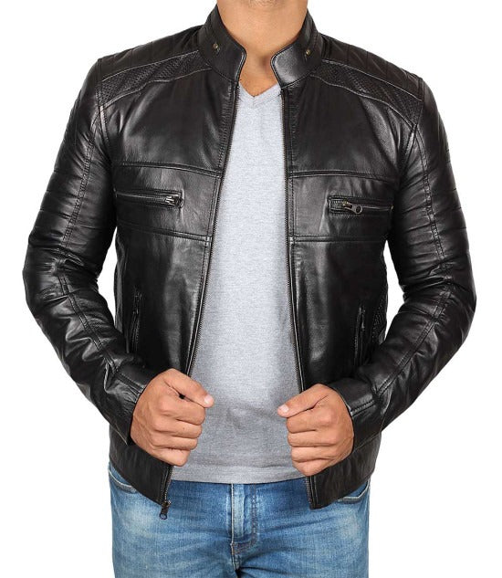 Black Café Racer Real Leather Motorcycle Jacket - Classic Style